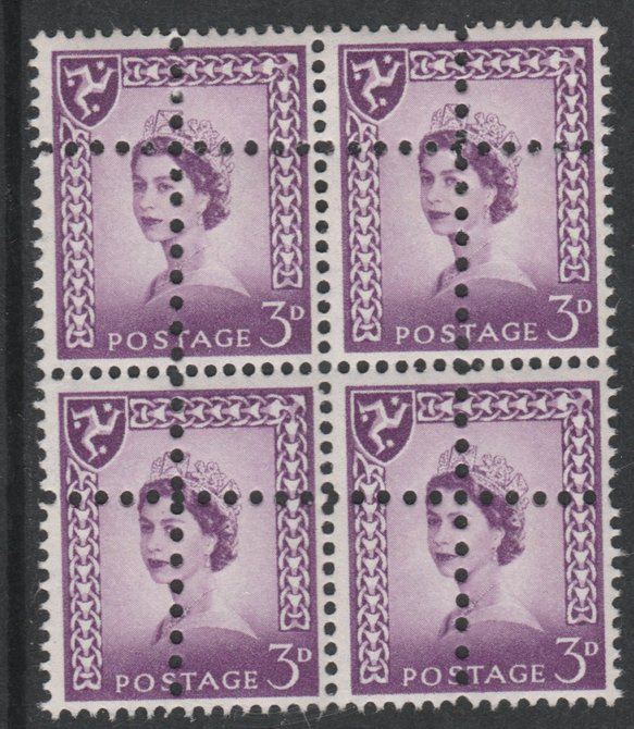 Isle of Man 1958 Regional 3d deep lilac block of 4 with perforations doubled (stamps are quartered) an attractive and interesting modern forgery, unmounted mint, SG2var. Note: the stamps are genuine but the additional perfs are a slightly different gauge identifying it to be a forgery., stamps on 