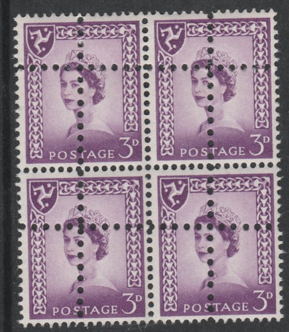 Isle of Man 1958 Regional 3d deep lilac block of 4 with perforations doubled (stamps are quartered) an attractive and interesting modern forgery, unmounted mint, SG2var. Note: the stamps are genuine but the additional perfs are a slightly different gauge identifying it to be a forgery., stamps on , stamps on  stamps on isle of man 1958 regional 3d deep lilac block of 4 with perforations doubled (stamps are quartered) an attractive and interesting modern forgery, stamps on  stamps on  unmounted mint, stamps on  stamps on  sg2var. note: the stamps are genuine but the additional perfs are a slightly different gauge identifying it to be a forgery.