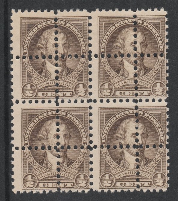 United States 1932 Washington 1/2c sepia block of 4 with perforations doubled (stamps are quartered) an attractive and interesting modern forgery, unmounted mint, SG704var, stamps on 