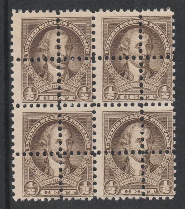 United States 1932 Washington 1/2c sepia block of 4 with perforations doubled (stamps are quartered) an attractive and interesting modern forgery, unmounted mint, SG704va..., stamps on 