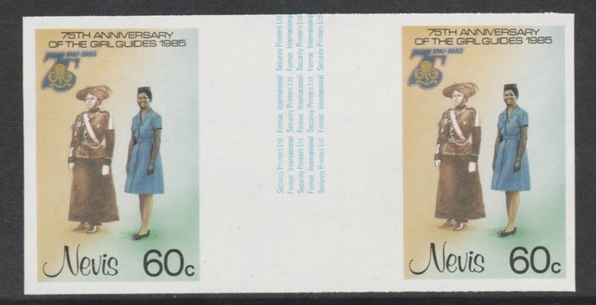Nevis 1985 Girl Guides - Guides Uniforms 60c imperf gutter pair (from uncut archive sheet) unmounted mint as SG 294. Note: The design within the gutter varies across the ..., stamps on scouts      royalty
