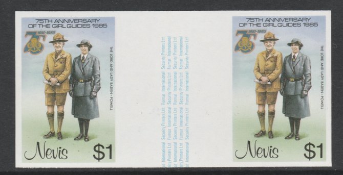 Nevis 1985 Girl Guides - Lord & Lady Baden-Powell $1 imperf gutter pair (from uncut archive sheet) unmounted mint as SG 295. Note: The design within the gutter varies across the sheet, therefore, the one you receive  may differ from that shown in the illustration., stamps on scouts      royalty