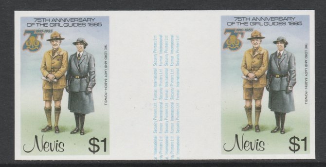 Nevis 1985 Girl Guides - Lord & Lady Baden-Powell $1 imperf gutter pair (from uncut archive sheet) unmounted mint as SG 295. Note: The design within the gutter varies across the sheet, therefore, the one you receive  may differ from that shown in the illustration., stamps on , stamps on  stamps on scouts      royalty