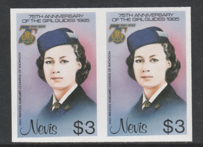 Nevis 1985 Girl Guides - Princess Margaret in Guide Uniform $3 imperf pair unmounted mint as SG 296, stamps on , stamps on  stamps on scouts      royalty