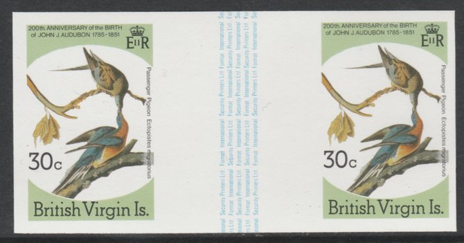 British Virgin Islands 1985 John Audubon Birds 30c Passenger Pigeon imperf gutter pair (from uncut archive sheet) (as SG 589) unmounted mint. Note: The design withing the gutter varies across the sheet, therefore, the one you receive may differ from that shown in the illustration., stamps on , stamps on stamps on audubon, stamps on birds, stamps on pigeons