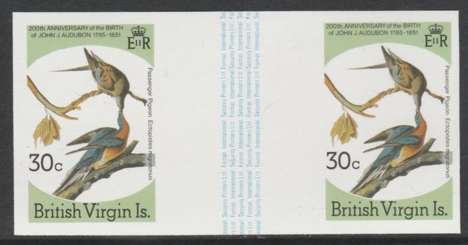 British Virgin Islands 1985 John Audubon Birds 30c Passenger Pigeon imperf gutter pair (from uncut archive sheet) (as SG 589) unmounted mint. Note: The design withing the gutter varies across the sheet, therefore, the one you receive  may differ from that shown in the illustration., stamps on , stamps on  stamps on audubon, stamps on birds, stamps on pigeons