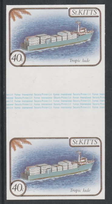 St Kitts 1985 Ships 40c (Container Ship) imperf gutter pair (from uncut archive sheet) (SG 173var) unmounted mint. Note: The design withing the gutter varies across the sheet, therefore, the one you receive  may differ from that shown in the illustration., stamps on ships