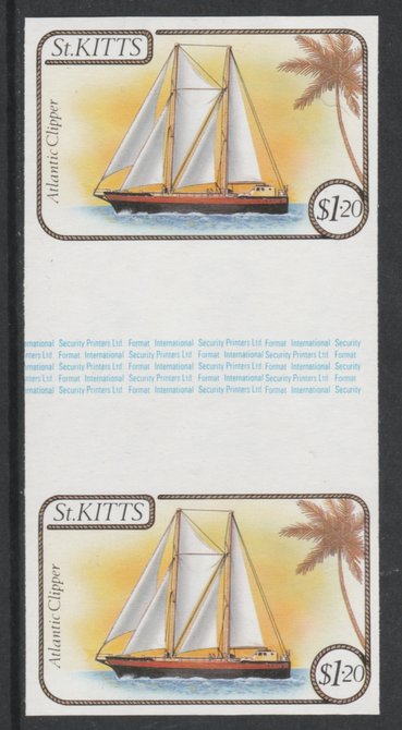 St Kitts 1985 Ships $1.20 (Atlantic Clipper Schooner) imperf gutter pair (from uncut archive sheet) (SG 174var) unmounted mint. Note: The design withing the gutter varies across the sheet, therefore, the one you receive  may differ from that shown in the illustration., stamps on ships