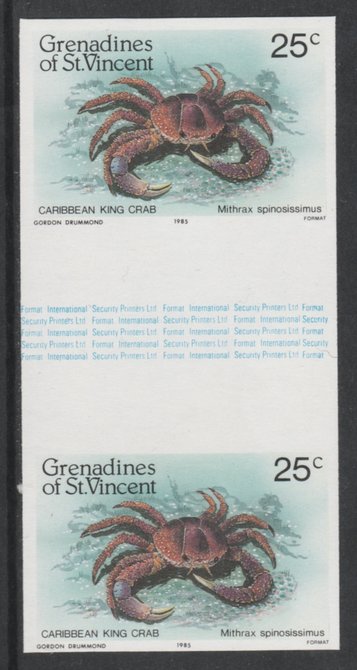 St Vincent - Grenadines 1985 Shell Fish 25c (King Crab) imperf gutter pair (from uncut archive sheet) unmounted mint, SG 360var. Note: The design withing the gutter varies across the sheet, therefore, the one you receive  may differ from that shown in the illustration., stamps on crabs   marine-life