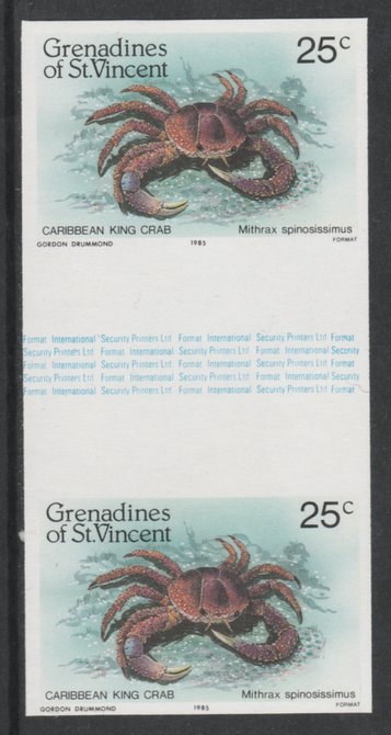 St Vincent - Grenadines 1985 Shell Fish 25c (King Crab) imperf gutter pair (from uncut archive sheet) unmounted mint, SG 360var. Note: The design withing the gutter varie..., stamps on crabs   marine-life