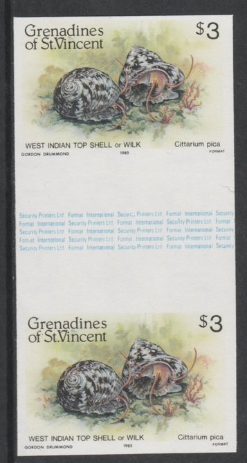 St Vincent - Grenadines 1985 Shell Fish $3 (West Indian Top Shell) imperf gutter pair (from uncut archive sheet) unmounted mint, SG 363var. Note: The design withing the gutter varies across the sheet, therefore, the one you receive  may differ from that shown in the illustration., stamps on marine-life     shells