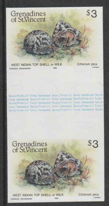 St Vincent - Grenadines 1985 Shell Fish $3 (West Indian Top Shell) imperf gutter pair (from uncut archive sheet) unmounted mint, SG 363var. Note: The design withing the g..., stamps on marine-life     shells