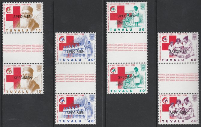 Tuvalu 1988 Red Cross set of 4 overprinted SPECIMEN in unmounted mint gutter pairs (as SG 518-21) , stamps on , stamps on  stamps on medical, stamps on  stamps on red cross, stamps on  stamps on nurses