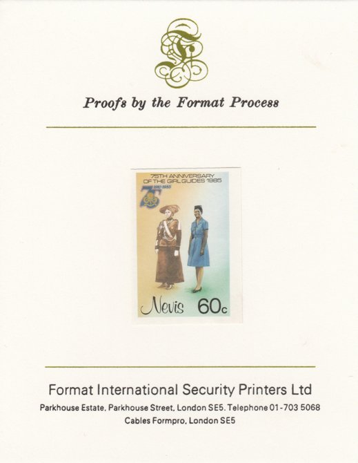 Nevis 1985 Girl Guides - Guides' Uniforms 60c as SG 294) imperf proof mounted on Format International proof card , stamps on , stamps on  stamps on nevis 1985 girl guides - guides' uniforms 60c as sg 294) imperf proof mounted on format international proof card 