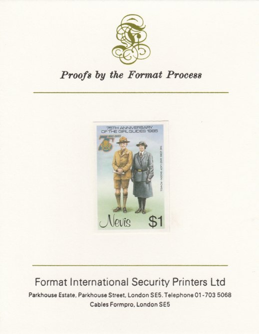 Nevis 1985 Girl Guides - Lord & Lady Baden-Powell $1 (as SG 295) imperf proof mounted on Format International proof card , stamps on , stamps on  stamps on nevis 1985 girl guides - lord & lady baden-powell $1 (as sg 295) imperf proof mounted on format international proof card 