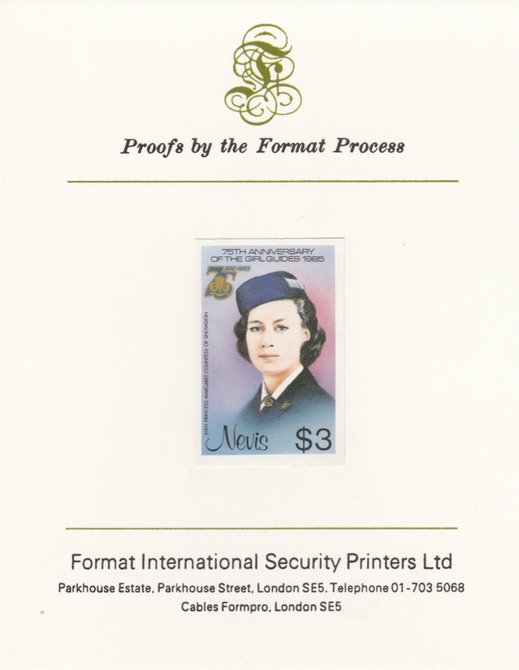 Nevis 1985 Girl Guides - Princess Margaret in Guide Uniform $3 (as SG 296) imperf proof mounted on Format International proof card , stamps on xxx