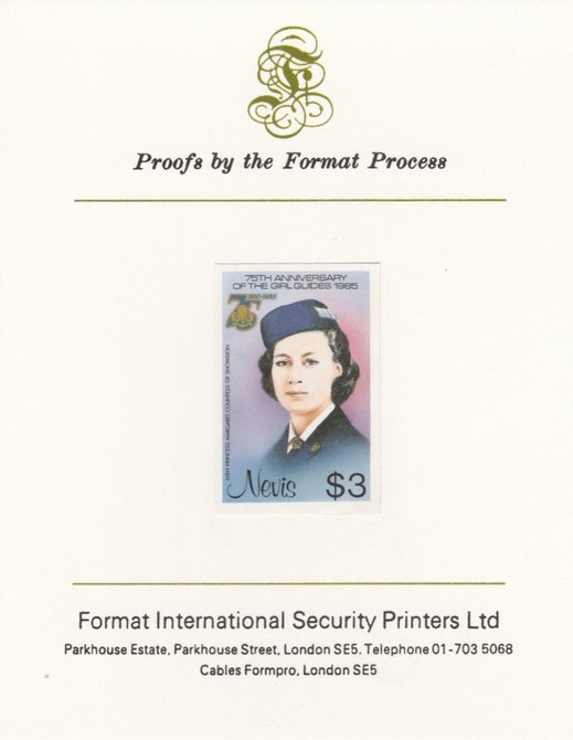 Nevis 1985 Girl Guides - Princess Margaret in Guide Uniform $3 (as SG 296) imperf proof mounted on Format International proof card , stamps on , stamps on  stamps on nevis 1985 girl guides - princess margaret in guide uniform $3 (as sg 296) imperf proof mounted on format international proof card 