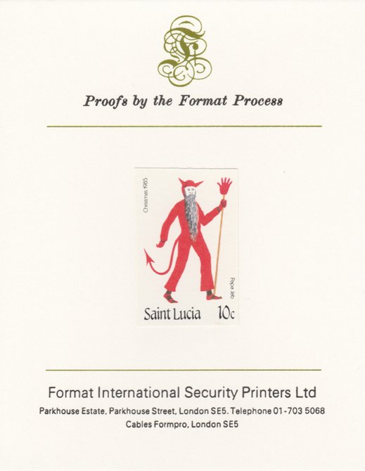 St Lucia 1985 Christmas - 10c Papa Jeb as SG 854, imperf proof mounted on Format International proof card , stamps on xxx