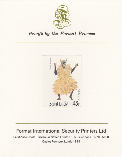 St Lucia 1985 Christmas - 45c Paile Bananne as SG 855, imperf proof mounted on Format International proof card , stamps on , stamps on  stamps on st lucia 1985 christmas - 45c paile bananne as sg 855, stamps on  stamps on  imperf proof mounted on format international proof card 