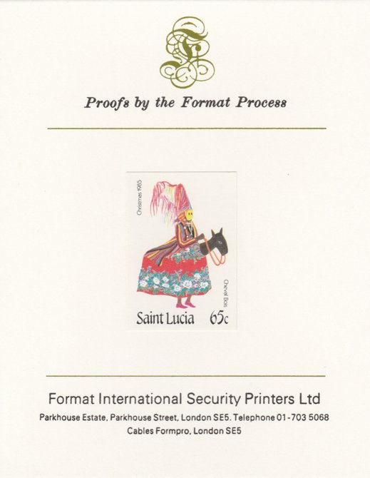 St Lucia 1985 Christmas - 65c Cheval Bois as SG 856, imperf proof mounted on Format International proof card , stamps on , stamps on  stamps on st lucia 1985 christmas - 65c cheval bois as sg 856, stamps on  stamps on  imperf proof mounted on format international proof card 