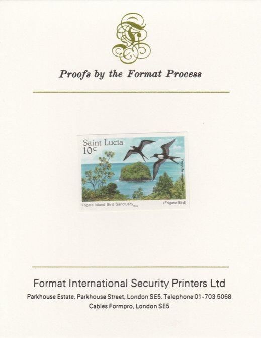 St Lucia 1985 Nature Reserves 10c Frigate Bird & Island as SG 820, imperf proof mounted on Format International proof card , stamps on , stamps on  stamps on st lucia 1985 nature reserves 10c frigate bird & island as sg 820, stamps on  stamps on  imperf proof mounted on format international proof card 