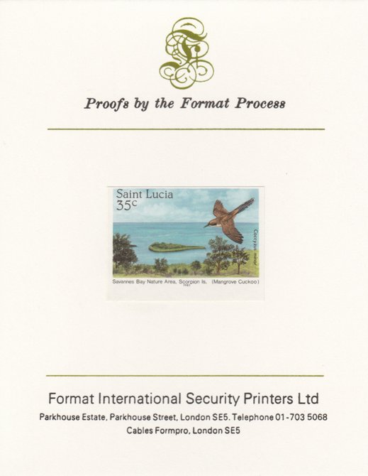 St Lucia 1985 Nature Reserves 35c Mangrove Cuckoo as SG 821, imperf proof mounted on Format International proof card , stamps on , stamps on  stamps on st lucia 1985 nature reserves 35c mangrove cuckoo as sg 821, stamps on  stamps on  imperf proof mounted on format international proof card 