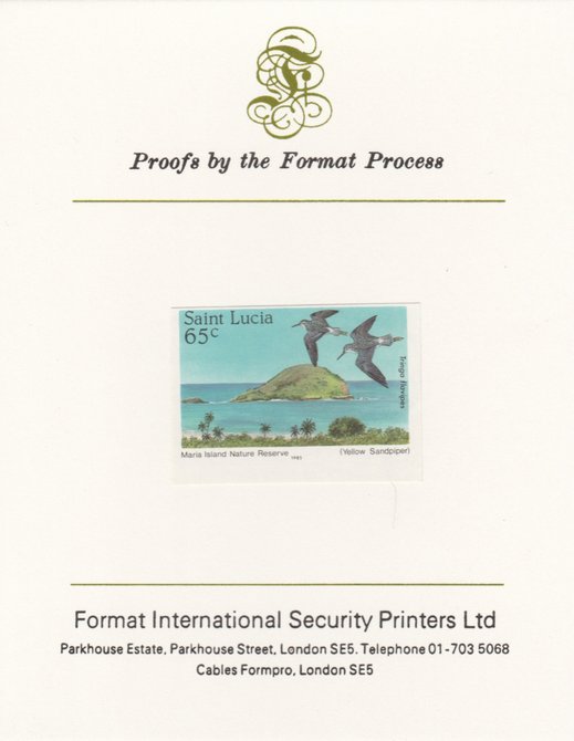 St Lucia 1985 Nature Reserves 65c Yellowlegs as SG 822, imperf proof mounted on Format International proof card , stamps on , stamps on  stamps on st lucia 1985 nature reserves 65c yellowlegs as sg 822, stamps on  stamps on  imperf proof mounted on format international proof card 