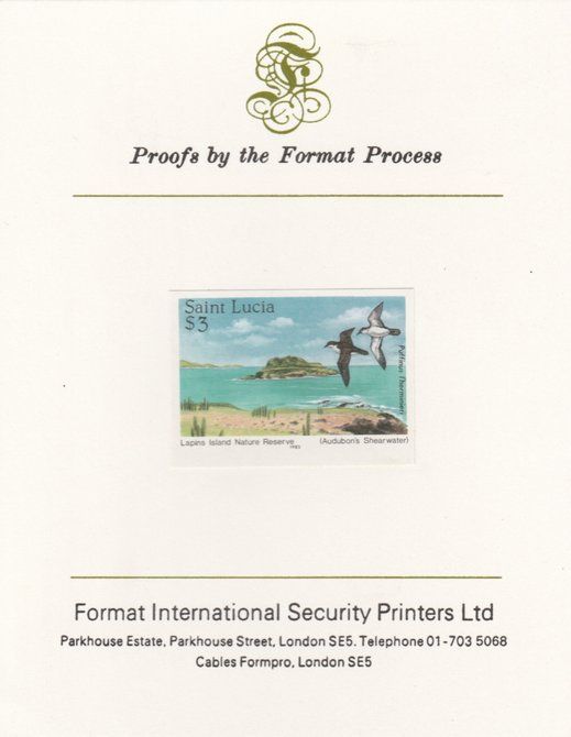 St Lucia 1985 Nature Reserves $3 Audubon's Shearwaters as SG 823, imperf proof mounted on Format International proof card , stamps on , stamps on  stamps on st lucia 1985 nature reserves $3 audubon's shearwaters as sg 823, stamps on  stamps on  imperf proof mounted on format international proof card 