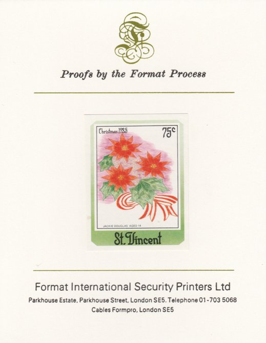 St Vincent 1985 Christmas - Children's Paintings - 75c Poinsettia as SG 950, imperf proof mounted on Format International proof card , stamps on xxx