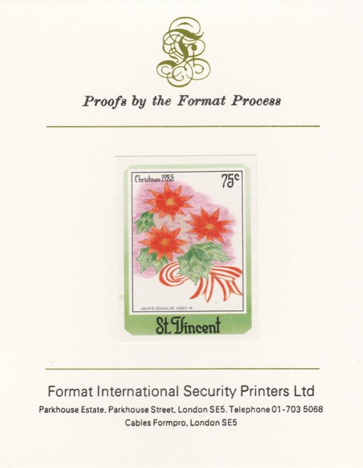 St Vincent 1985 Christmas - Childrens Paintings - 75c Poinsettia as SG 950, imperf proof mounted on Format International proof card , stamps on xxx