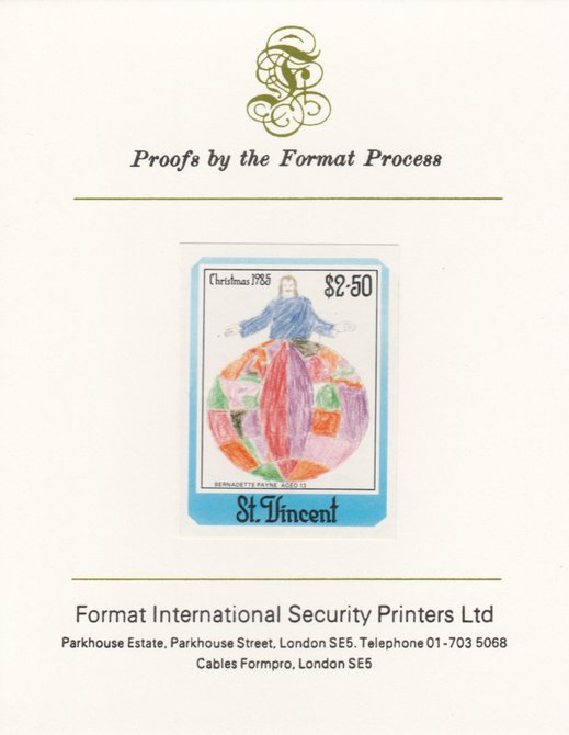 St Vincent 1985 Christmas - Childrens Paintings - $2.50 Jesus our Master as SG 951, imperf proof mounted on Format International proof card , stamps on xxx