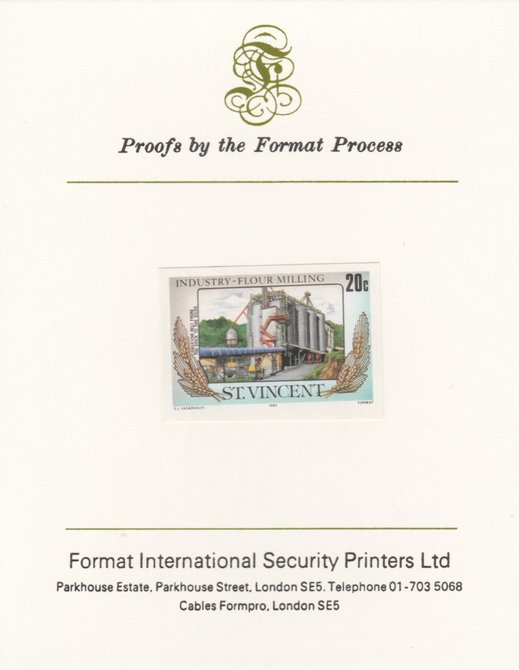 St Vincent 1985 Flour Milling 20c Silos & Conveyor Belt as SG 928, imperf proof mounted on Format International proof card , stamps on , stamps on  stamps on st vincent 1985 flour milling 20c silos & conveyor belt as sg 928, stamps on  stamps on  imperf proof mounted on format international proof card 