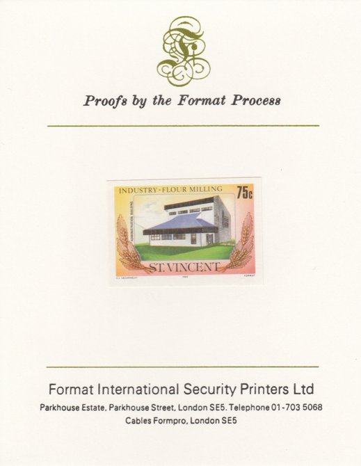 St Vincent 1985 Flour Milling 75c Admin Building as SG 930, imperf proof mounted on Format International proof card , stamps on xxx