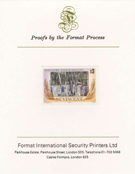 St Vincent 1985 Flour Milling $3 Bran Finishers as SG 931, imperf proof mounted on Format International proof card , stamps on xxx