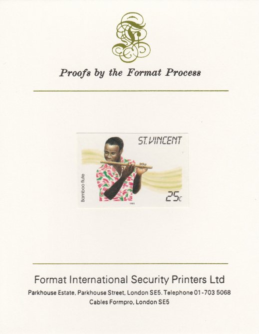 St Vincent 1985 Musical Instruments 25c Bamboo Flute as SG 905, imperf proof mounted on Format International proof card , stamps on , stamps on  stamps on st vincent 1985 musical instruments 25c bamboo flute as sg 905, stamps on  stamps on  imperf proof mounted on format international proof card 