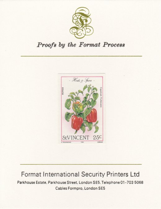 St Vincent 1985 Herbs & Spices 25c pepper as SG 868, imperf proof mounted on Format International proof card , stamps on 