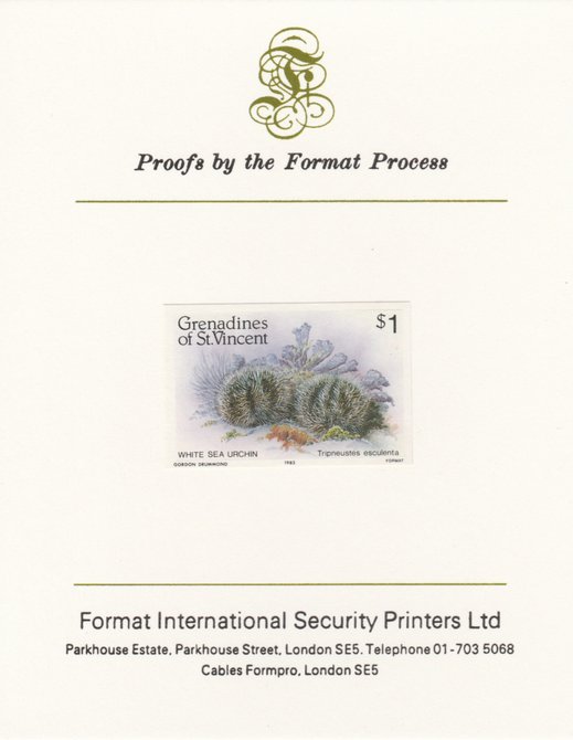 St Vincent - Grenadines 1985 Shell Fish $1 Sea Urchin as SG 362, imperf proof mounted on Format International proof card , stamps on xxx