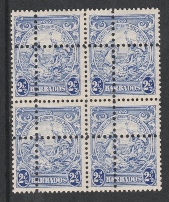 Barbados 1938-47 Badge of Colony 2.5d ultramarine block of 4 with double perfs (stamps are quartered)  SG 251/a. Note: the stamps are genuine but the additional perfs are a slightly different gauge identifying it to be a forgery., stamps on , stamps on  stamps on badges, stamps on horses, stamps on  stamps on  kg6 , stamps on  stamps on 