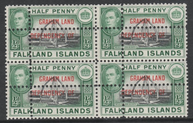 Falkland Islands Dependencies - Graham Land 1944 KG6 1/2d black & green block of 4 with double perfs (stamps are quartered). Note: the stamps are genuine but the additional perfs are a slightly different gauge identifying it to be a forgery, unmounted mint as SG A1, stamps on , stamps on  stamps on , stamps on  stamps on  kg6 , stamps on  stamps on whales