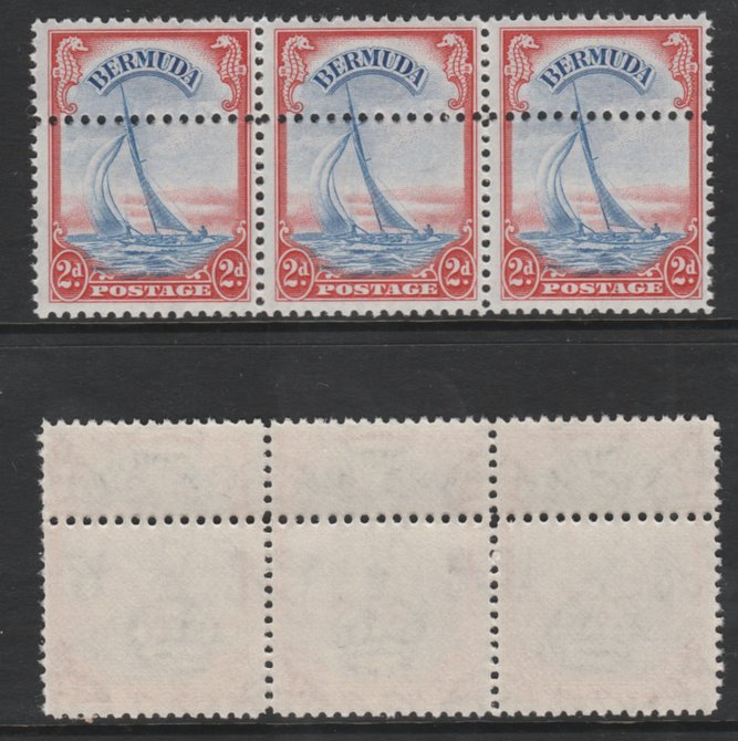 Bermuda 1938-52 KG6 Yacht 2d ultramarine & scarlet (SG 112a) unmounted mint strip of 3 with additional row of horiz perfs. Note: the stamps are genuine but the additional perfs are a slightly different gauge identifying it to be a forgery., stamps on , stamps on  stamps on ships, stamps on  stamps on yachting, stamps on  stamps on sailing, stamps on  stamps on  kg6 , stamps on  stamps on 