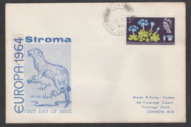 Stroma 1964 Europa cover to London bearing Botanical 3d stamp cancelled Huna cds being the correct rate for UK delivery. Note: I have several of these covers so the one you receive may be slightly different to the one illustrated, stamps on , stamps on  stamps on fish     europa