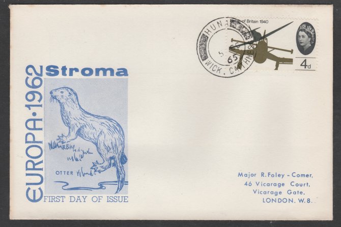 Stroma 1962 Europa cover to London bearing BoB 4d stamp cancelled Huna cds being the correct rate for UK delivery. Note: I have several of these covers so the one you receive may be slightly different to the one illustrated., stamps on fish     europa