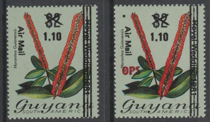 Guyana 1981 Official $1.10 on $2 with OPS omitted plus normal, both unmounted mint but some off-set SG O22var, stamps on , stamps on  stamps on flowers, stamps on  stamps on 