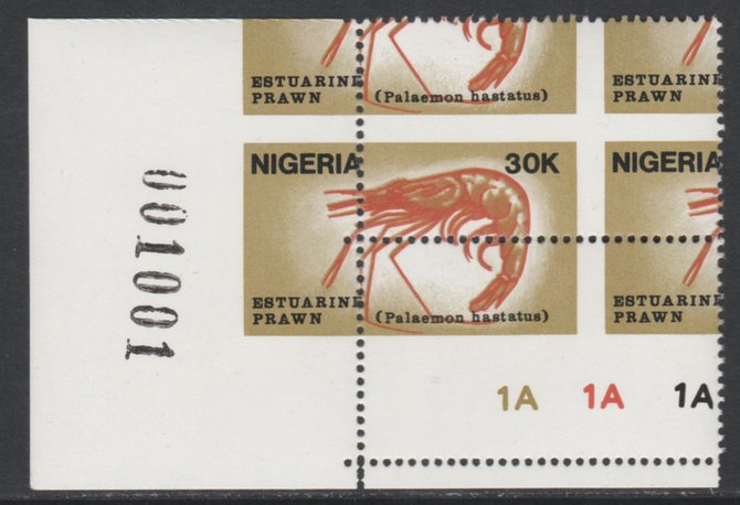 Nigeria 1988 Shrimps 30k corner pair with perforations dramatically misplaced,  (showing portions of 4 stamps) unmounted mint as SG 563, stamps on , stamps on  stamps on nigeria 1988 shrimps 30k corner pair with perforations dramatically misplaced, stamps on  stamps on   (showing portions of 4 stamps) unmounted mint as sg 563