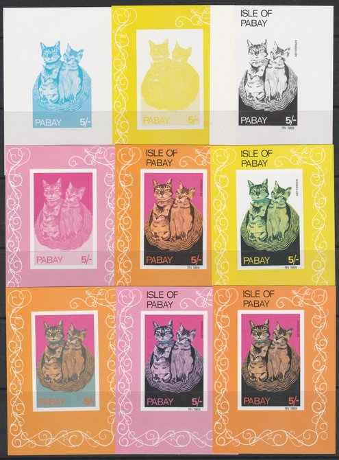 Pabay 1969 Abyssinian Cat 5s m/sheet - the set of 9 imperf progressive proofs comprising the 4 individual colours, four 3-colour composite plus all 4 colours, unmounted m..., stamps on animals, stamps on cats