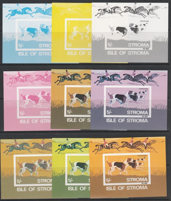 Stroma 1969 Dogs - Foxhounds 5s m/sheet - the set of 9 imperf progressive proofs comprising the 4 individual colours, four 3-colour composite plus all 4 colours, unmounted mint, stamps on animals, stamps on dogs, stamps on foxhounds, stamps on horses, stamps on hunting, stamps on  fox , stamps on foxes, stamps on  