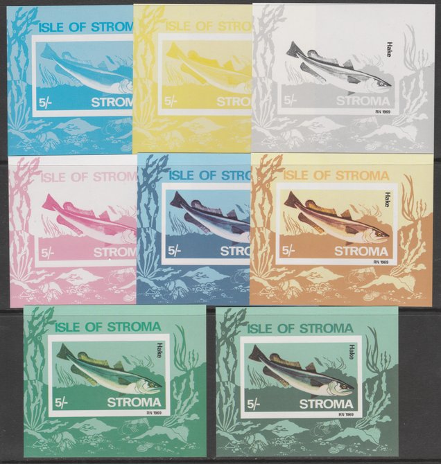 Stroma 1969 Fish - Hake 5s m/sheet - the set of 8 imperf progressive proofs comprising the 4 individual colours, three 3-colour composite plus all 4 colours, unmounted mint, stamps on , stamps on  stamps on fish     marine-life