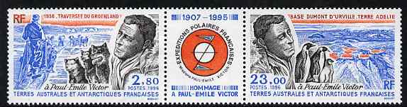 French Southern & Antarctic Territories 1996 Paul-Emile Victor commemoration se-tenant strip with label between, unmounted mint, SG 351-52, stamps on , stamps on  stamps on polar, stamps on  stamps on explorers, stamps on  stamps on penguins, stamps on  stamps on dogs