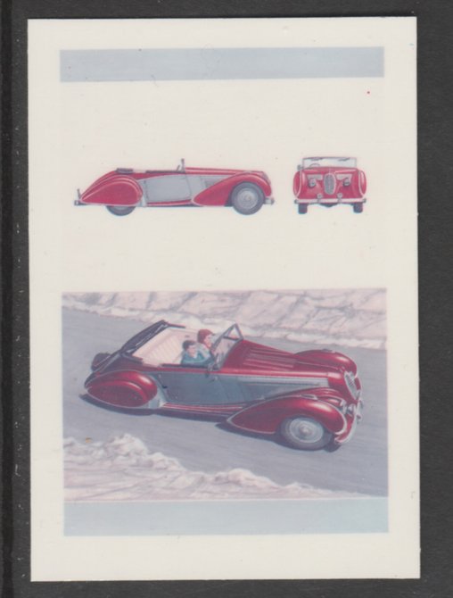 Bernera 1984 Cars - 1938 Talbot-Lago 10p se-tenant die proof pairs in 1) magenta & blue and 2) full 4-colours each on plastic card (Cromalin) rare items ex Format International archives, stamps on , stamps on  stamps on bernera 1984 cars - 1938 talbot-lago 10p se-tenant die proof pairs in 1) magenta & blue and 2) full 4-colours each on plastic card (cromalin) rare items ex format international archives