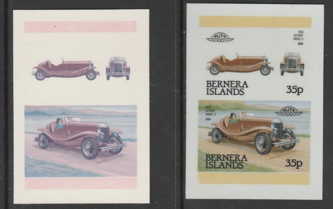 Bernera 1984 Cars - 1930 Du Pont Model G 35p se-tenant die proof pairs in 1) magenta & blue and 2) full 4-colours each on plastic card (Cromalin) rare items ex Format Int..., stamps on xxx
